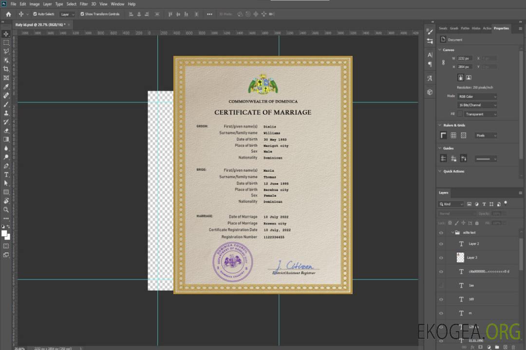 Modèle PSD de certificat de mariage de la Dominique template Modèle PSD de certificat de mariage de la Dominique template